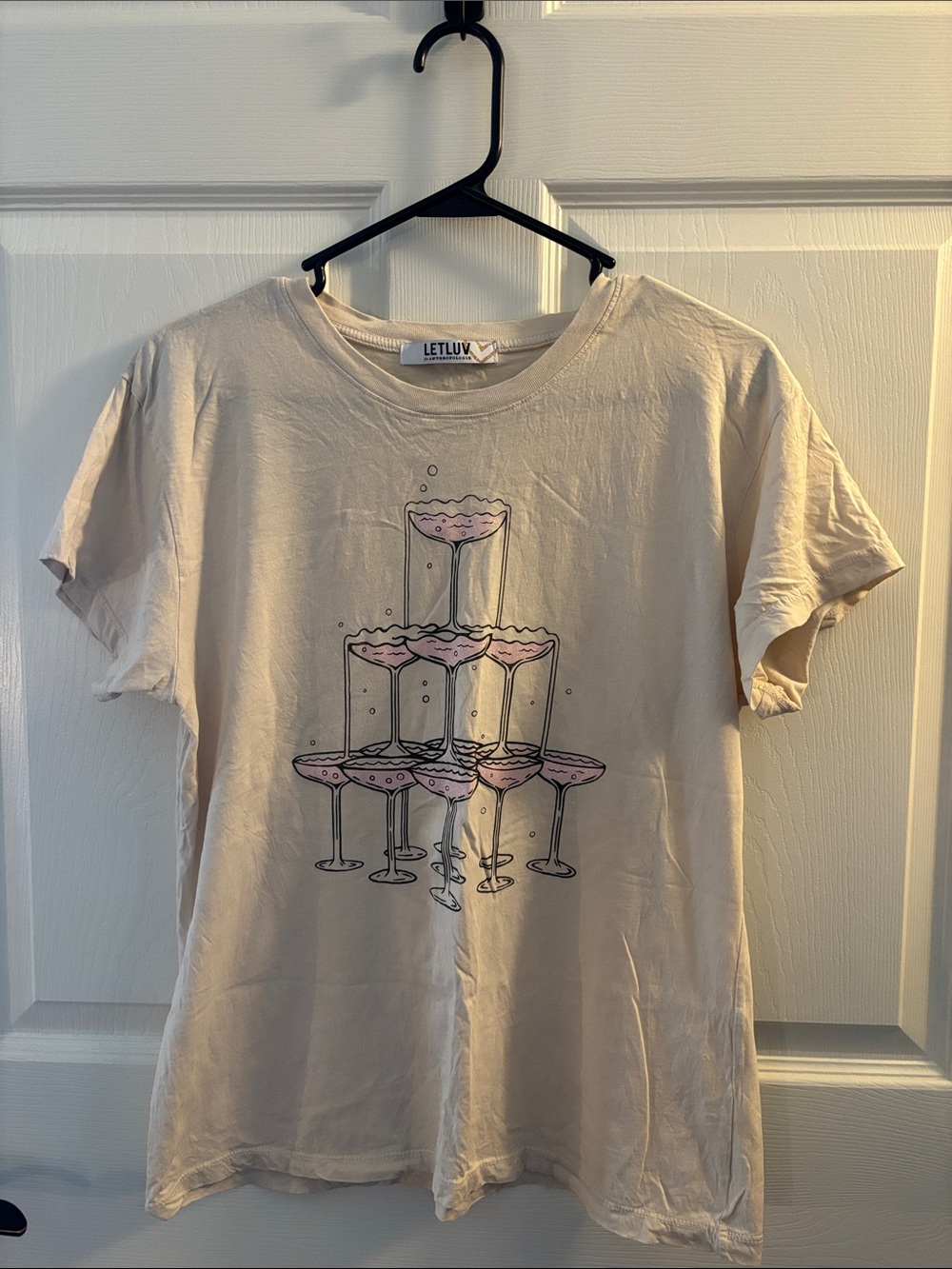 LET LUV for Anthro Cream Short Sleeve Tee with Pink Champagne Glass Graphic